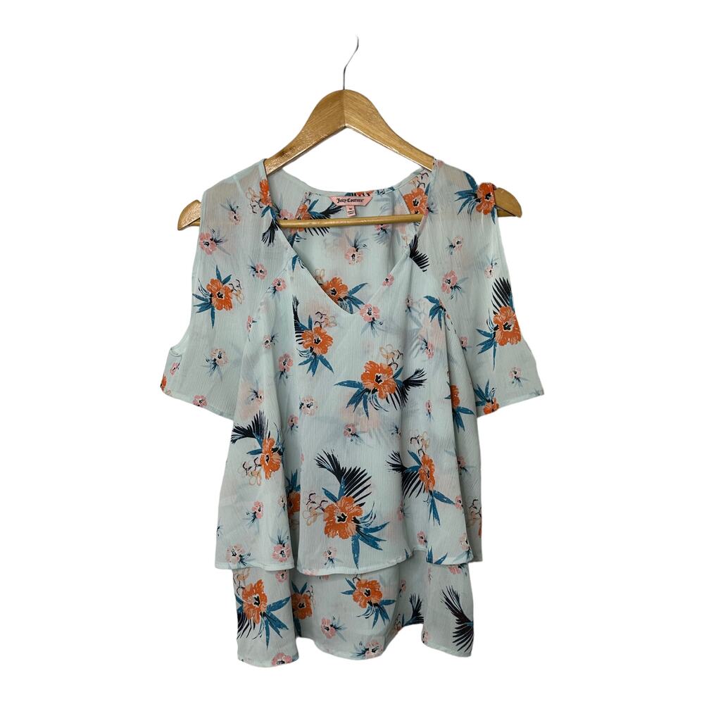 Juicy Couture Light Blue Tiered V Neck Blouse Orange Floral Women's Size Medium